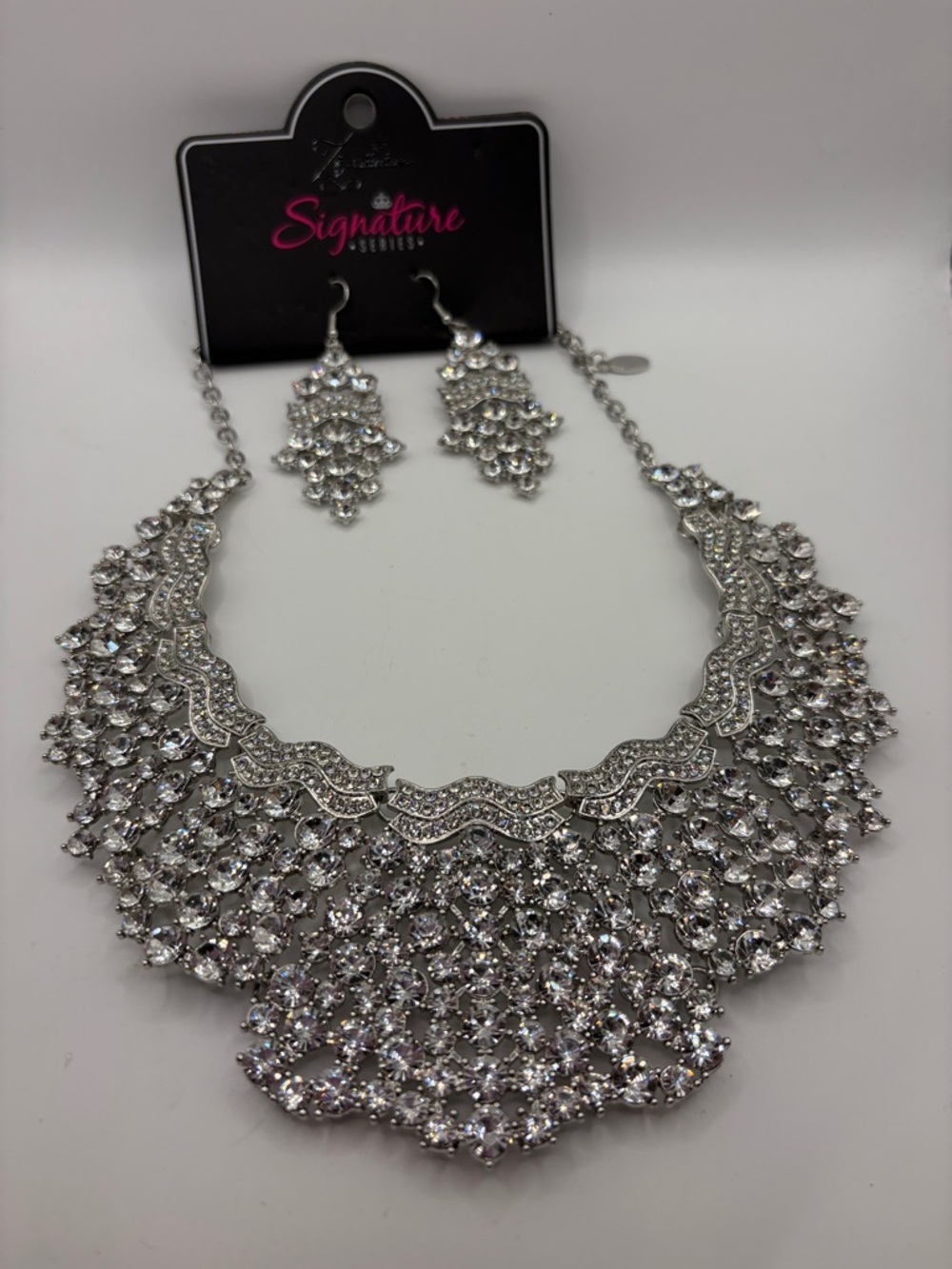 Paparazzi Signature Silver Crystal Statement Bib Necklace & Matching Earrings